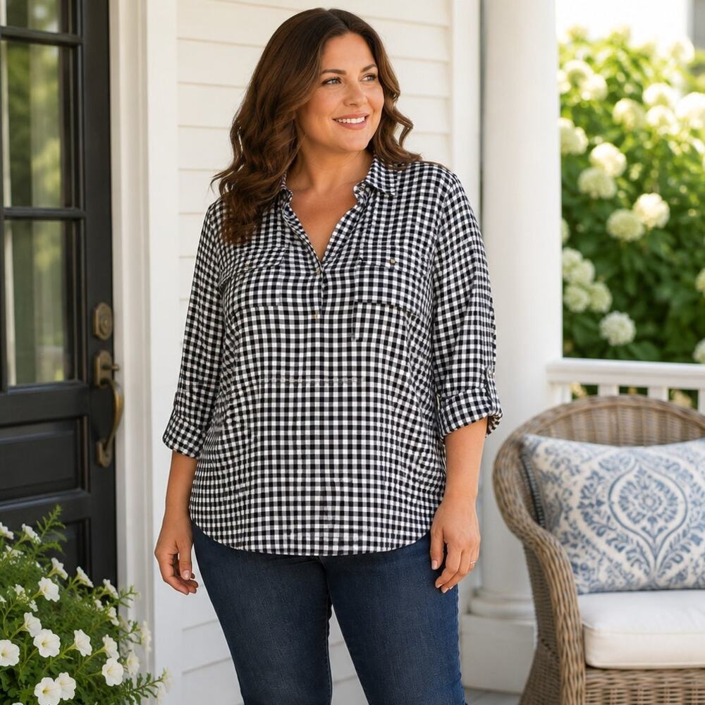 Ann Taylor Gingham Popover Blouse Black White Check Long Sleeve XL